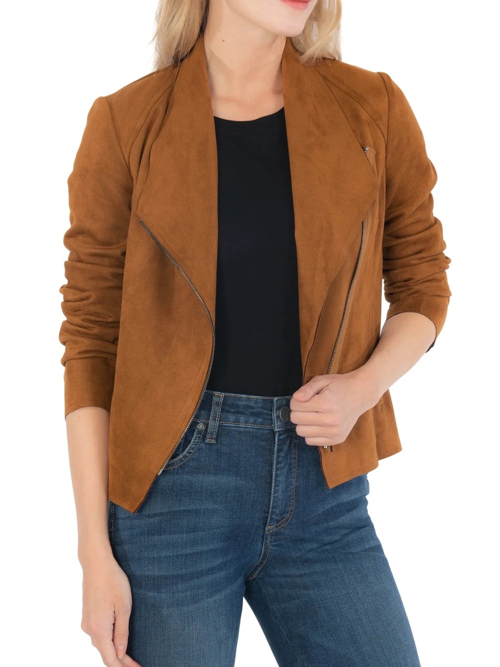 Kut from the Kloth Carina Faux Suede Drape Moto Jacket in Shade Whiskey - Picture 8 of 10